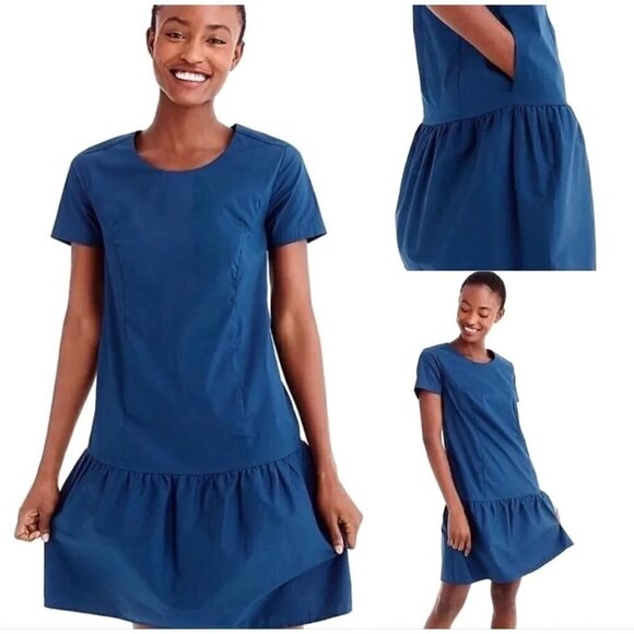 Universal Standard For‎ J Crew Blue Poplin Drop Waist Ruffle Hem Dress Size XS - Picture 1 of 11